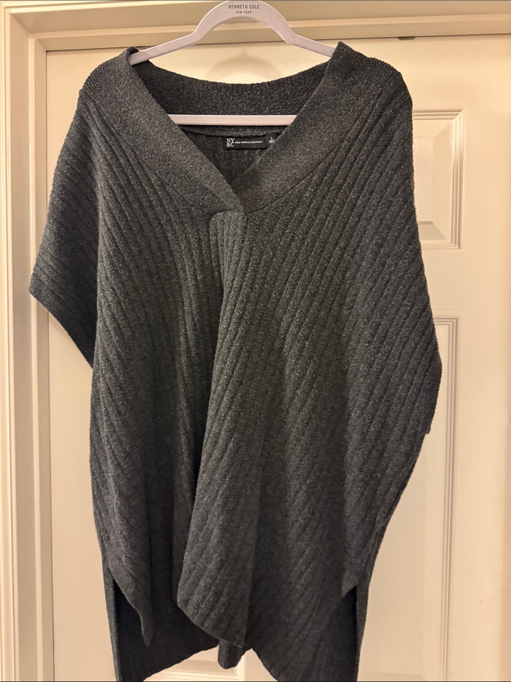 New York & Company Charcoal Ribbed V-Neck Oversized Sweater/Poncho